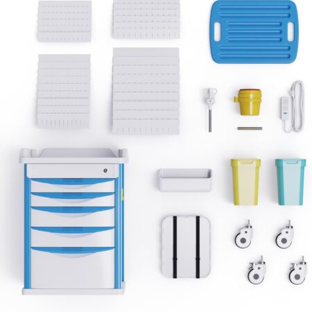 Adjustable Rolling Medical Storage Crash Cart - Includes Silent Casters, IV Pole, Needle Disposal Holder, Trash Bin & O2 Holder - Ideal Nursing Trolley for Clinics, Hospitals