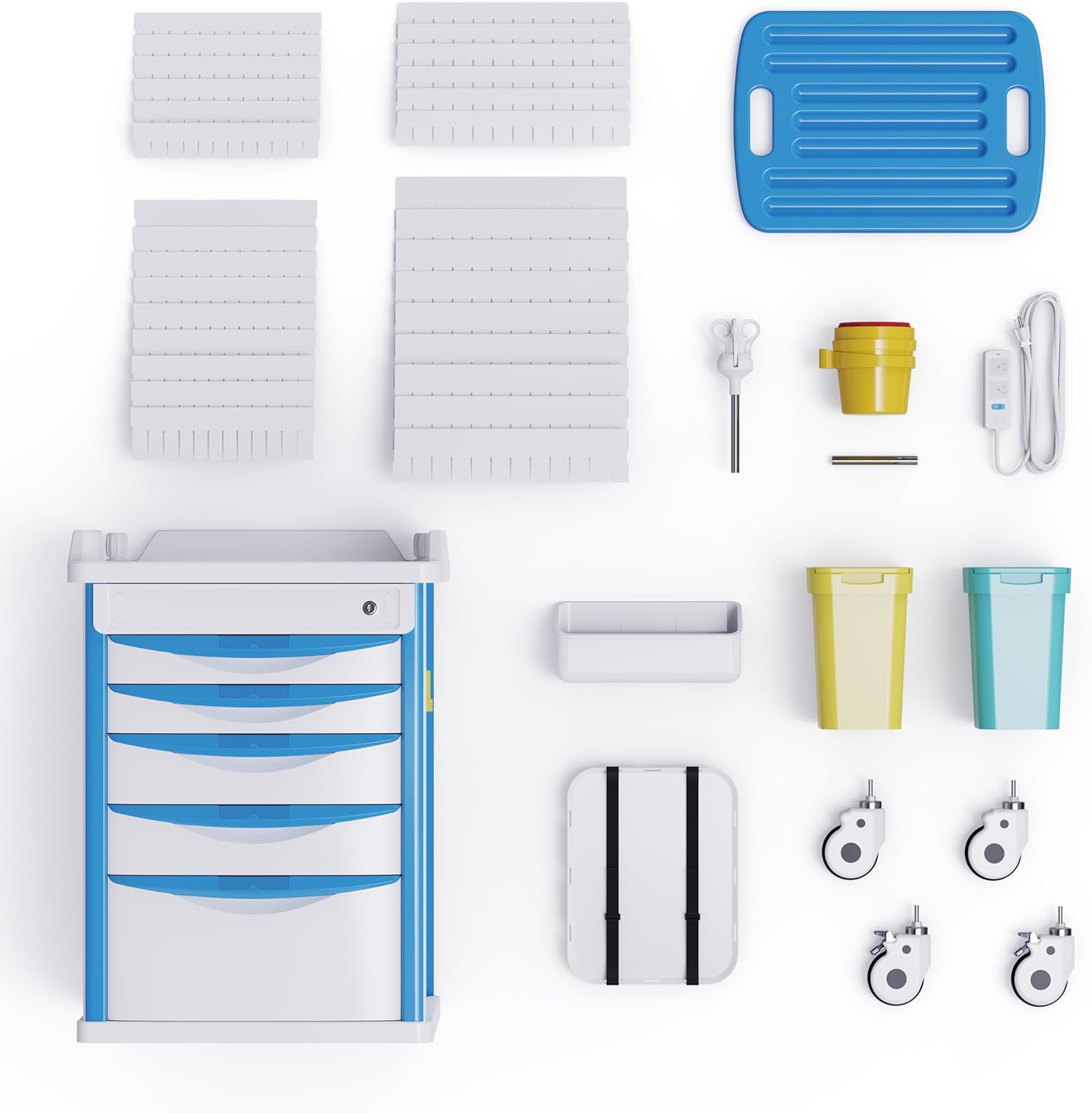 Adjustable Rolling Medical Storage Crash Cart - Includes Silent Casters, IV Pole, Needle Disposal Holder, Trash Bin & O2 Holder - Ideal Nursing Trolley for Clinics, Hospitals