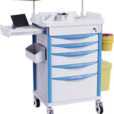 Adjustable Rolling Medical Storage Crash Cart - Includes Silent Casters, IV Pole, Needle Disposal Holder, Trash Bin & O2 Holder - Ideal Nursing Trolley for Clinics, Hospitals