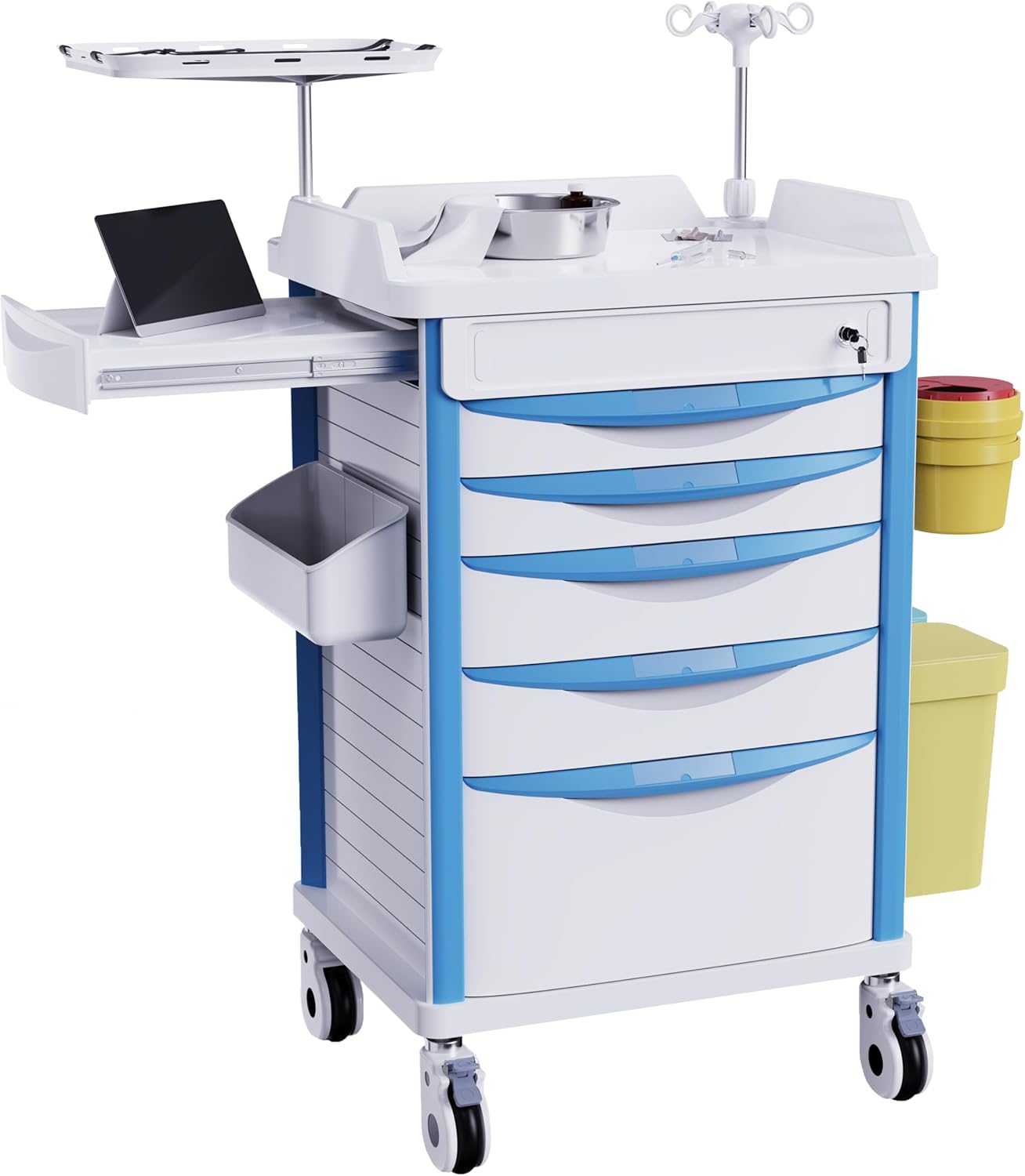 Adjustable Rolling Medical Storage Crash Cart - Includes Silent Casters, IV Pole, Needle Disposal Holder, Trash Bin & O2 Holder - Ideal Nursing Trolley for Clinics, Hospitals