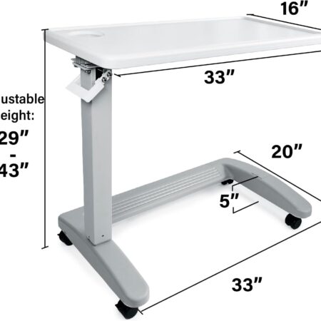 Vaunn Medical Adjustable Overbed Exam Bedside Table with Wheels (Hospital and Home Use), New Tabletop, Light Gray