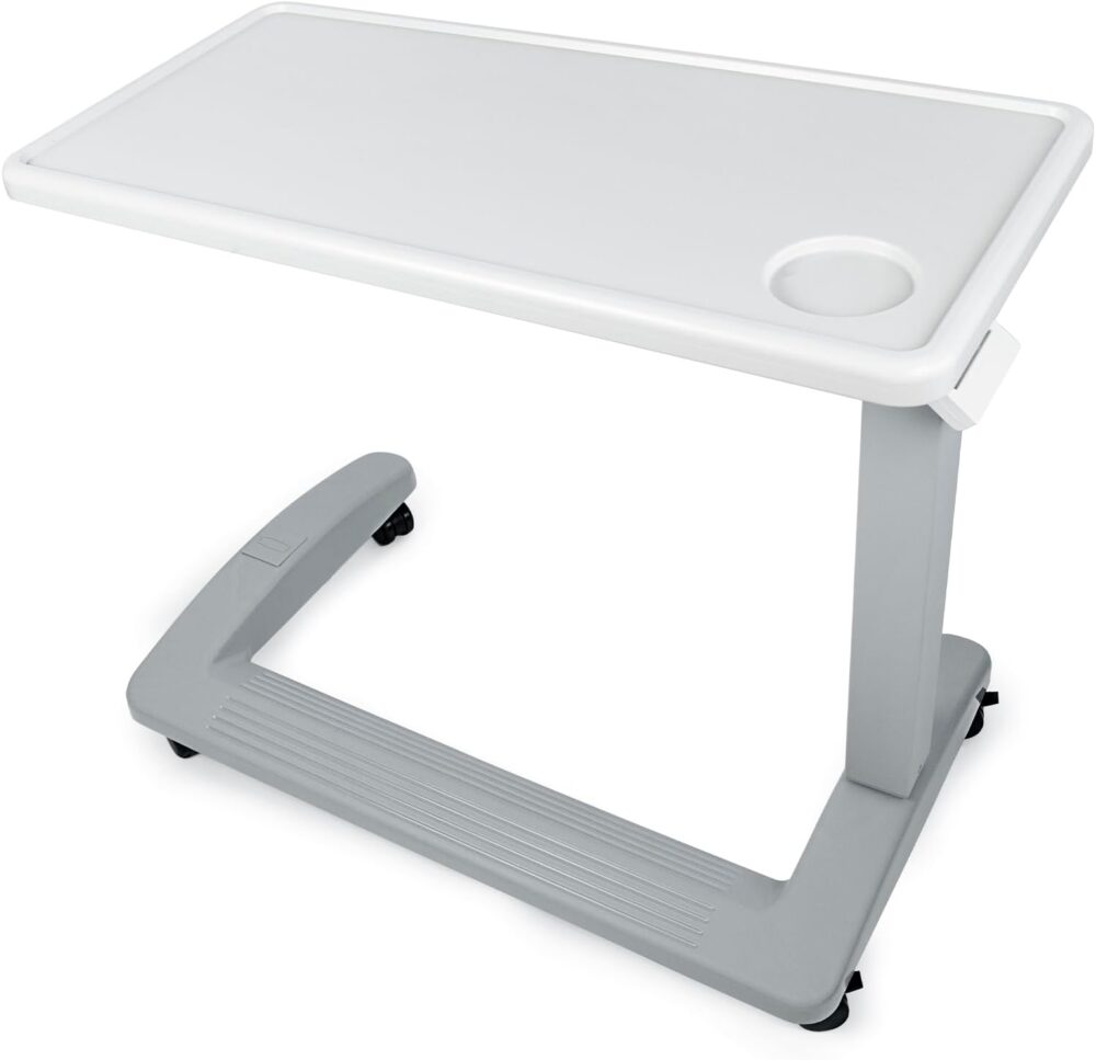 Vaunn Medical Adjustable Overbed Exam Bedside Table with Wheels (Hospital and Home Use), New Tabletop, Light Gray
