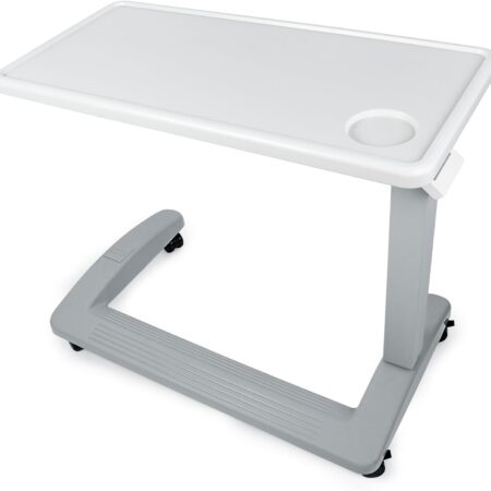 Vaunn Medical Adjustable Overbed Exam Bedside Table with Wheels (Hospital and Home Use), New Tabletop, Light Gray